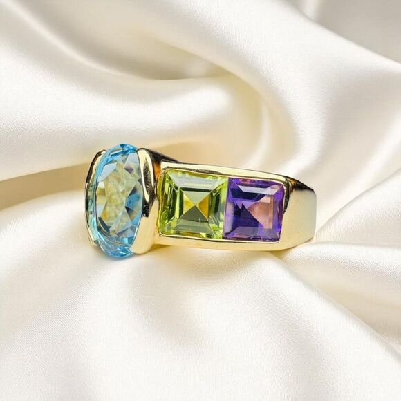 VINTAGE- 10K Gold -Multi Gemstone Ring -Sz 5 Rainbow Ring -Topaz Garnet Amethyst - Picture 16 of 16